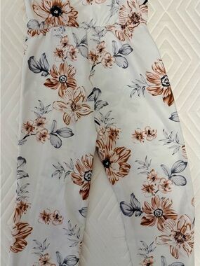 Floral Wide-Leg Jumpsuit in White with Rust and Gray Flowers